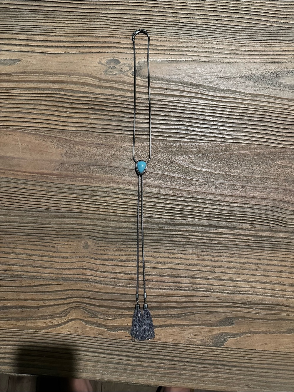 Turquoise Tone Double Chain Lariat Tassel Necklace Silver Tone